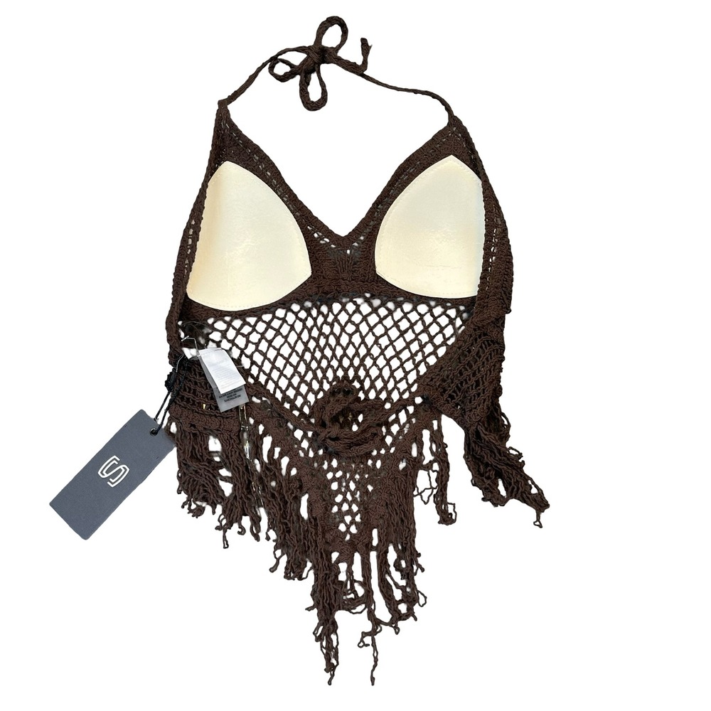 Sans Souci NWT Womens Crochet Halter Top Brown Fringe Boho Festival Medium - Picture 3 of 4
